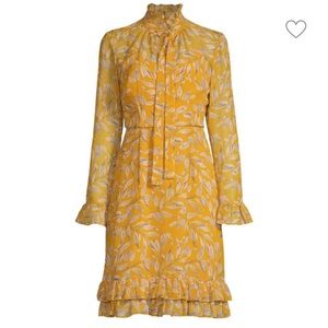 NWT MIKAEL AGHAL Yellow Leaf-Print Long Sleeve Ruffle Dress Size 16